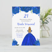 Blond Haar Prinses Blauw Bloemen Verjaardagsfeest Kaart (Staand voorkant)
