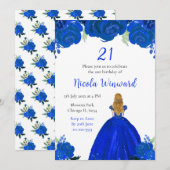 Blond Haar Prinses Blauw Bloemen Verjaardagsfeest Kaart (Voorkant / Achterkant)