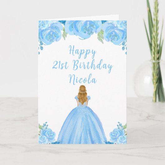Blond Haar Prinses Blauw Bloemen Verjaardagsfeest Kaart (Voorkant)