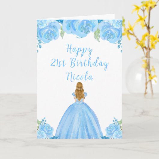 Blond Haar Prinses Blauw Bloemen Verjaardagsfeest Kaart (Gele Bloem)
