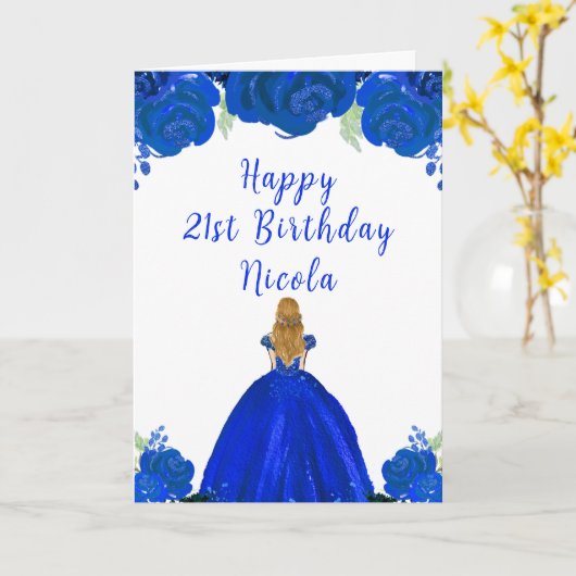 Blond Haar Prinses Blauw Bloemen Verjaardagsfeest Kaart (Gele Bloem)