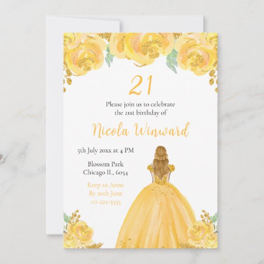 Blond haar Prinses Goud Bloemen Verjaardagsfeest Kaart (Voorkant)