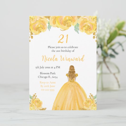 Blond haar Prinses Goud Bloemen Verjaardagsfeest Kaart (Staand voorkant)