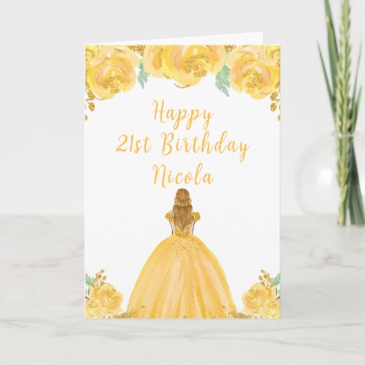 Blond haar Prinses Goud Bloemen Verjaardagsfeest Kaart (Voorkant)