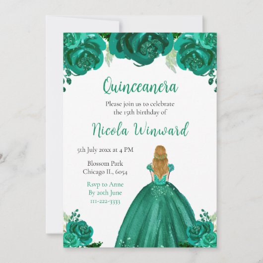 Blond Haar Prinses Groen Bloemen Quinceanera Kaart (Voorkant)