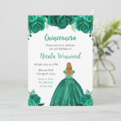 Blond Haar Prinses Groen Bloemen Quinceanera Kaart (Staand voorkant)