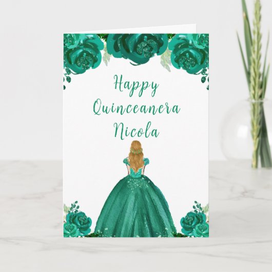 Blond Haar Prinses Groen Bloemen Quinceanera Kaart (Voorkant)