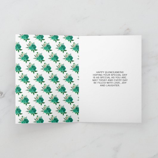 Blond Haar Prinses Groen Bloemen Quinceanera Kaart (Binnen)