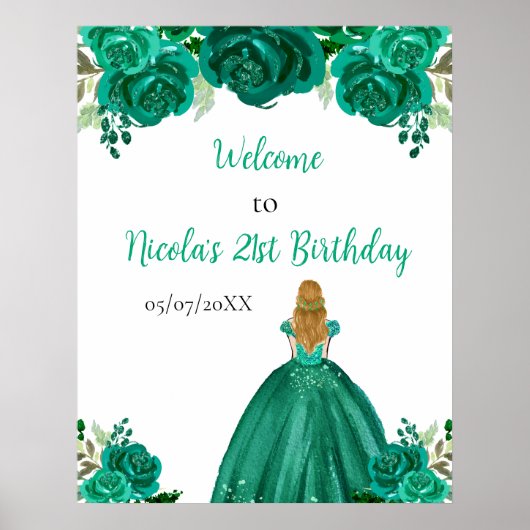 Blond Haar Prinses Groen Bloemen Verjaardag Welkom Poster (Voorkant)