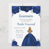 Blond Haar Prinses Navy Floral Quinceanera Kaart (Voorkant)