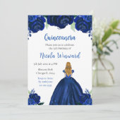 Blond Haar Prinses Navy Floral Quinceanera Kaart (Staand voorkant)