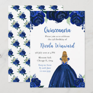 Blond Haar Prinses Navy Floral Quinceanera Kaart