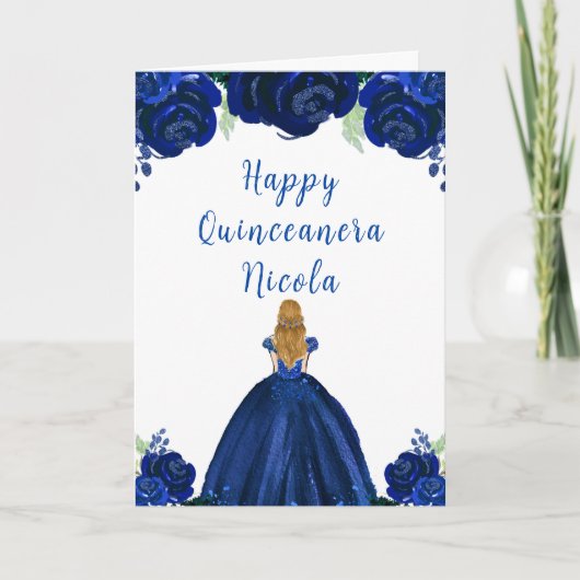 Blond Haar Prinses Navy Floral Quinceanera Kaart (Voorkant)