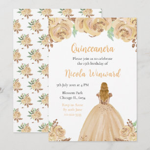 Blond Haar Prinses Perzik Floral Quinceanera Kaart