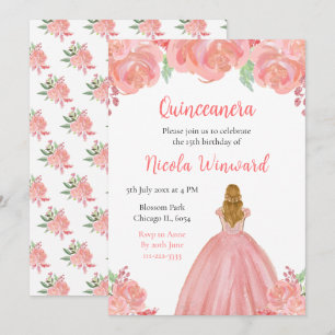 Blond Haar Prinses Roze Bloemen Quinceanera Kaart