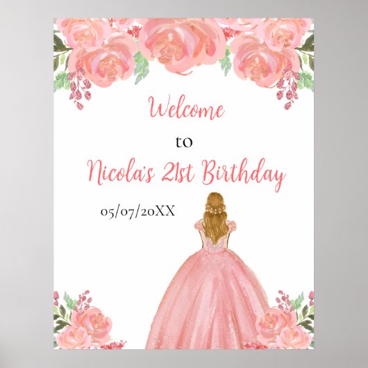 Blond Haar Prinses Roze Bloemen Verjaardag Welkom Poster (Voorkant)