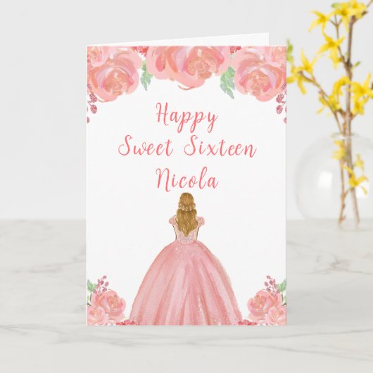 Blond Haar Prinses Roze Bloemen Zoet Zestien Kaart (Gele Bloem)