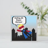 Blond Hair Boy Super Hero Birthday Uitnodiging (Staand voorkant)