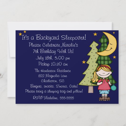 Blond hair Girl Backyard Sleepover 5x7 Uitnodiging (Achterkant)