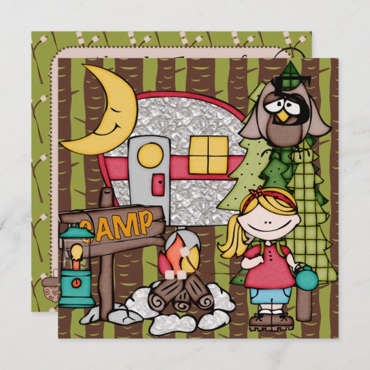 Blond hair Girl Camping Birthday-uitnodigingen Kaart (Voorkant / Achterkant)