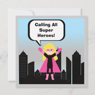 Blond hair Girl Super Hero Birthday Invitation Kaart