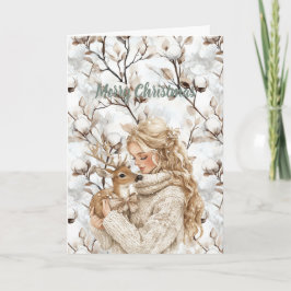 Blond Hair Girl with Deer Christmas Kaart