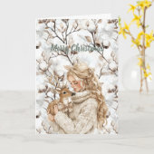 Blond Hair Girl with Deer Christmas Kaart (Gele Bloem)