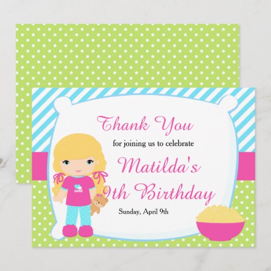 Blond Haired Girl Sleepover Slumber Party Verjaard Bedankkaart (Voorkant / Achterkant)