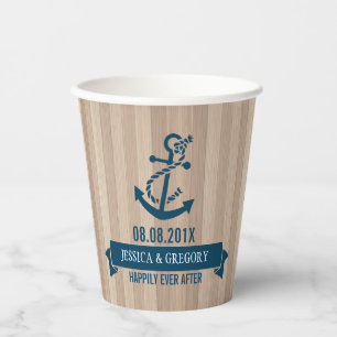Blond Hout Textuur Navy-Blue Nautische Boot Anker Papieren Bekers