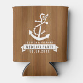 Blond houten strepen wit nautisch bootanker blikjeskoeler (Voorkant)