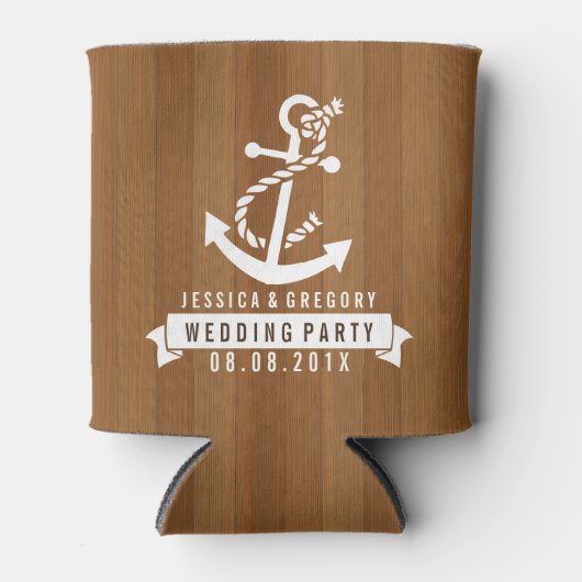 Blond houten strepen wit nautisch bootanker blikjeskoeler (Voorkant)