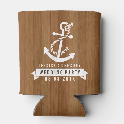 Blond houten strepen wit nautisch bootanker blikjeskoeler (Achterkant)