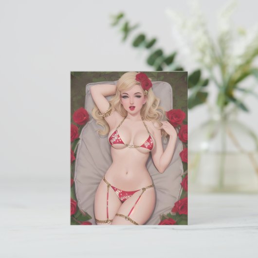 Blond in een Briefkaart van Red Bikini (Staand voorkant)