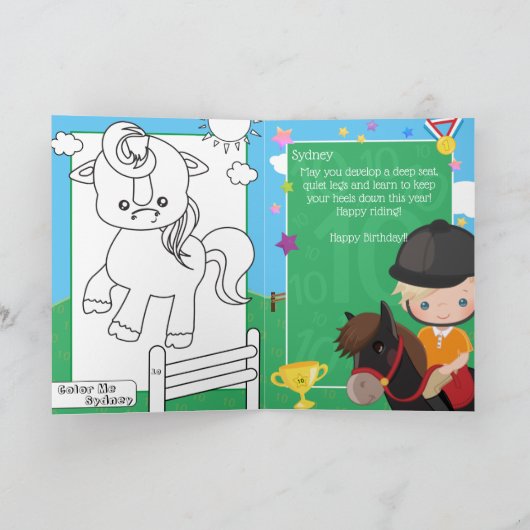 Blond Jongens Ruitersport Kleurplaat Verjaardag Kaart (Binnen)