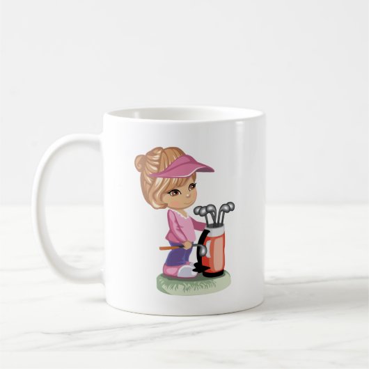 Blond klein meisje dat golf speelt koffiemok (Links)