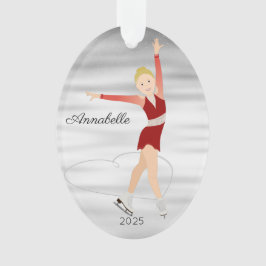Blond kunstschaatser in rood ornament