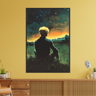 Blond Man in het veld Dark Sky 70s Design Canvas Afdruk