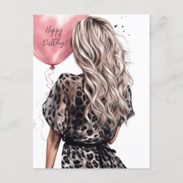 Blond meisje achter roze ballon luipaard jurk briefkaart