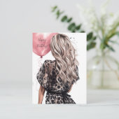 Blond meisje achter roze ballon luipaardjurk briefkaart