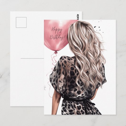 Blond meisje achter roze ballon luipaardjurk briefkaart (Voorkant / Achterkant)