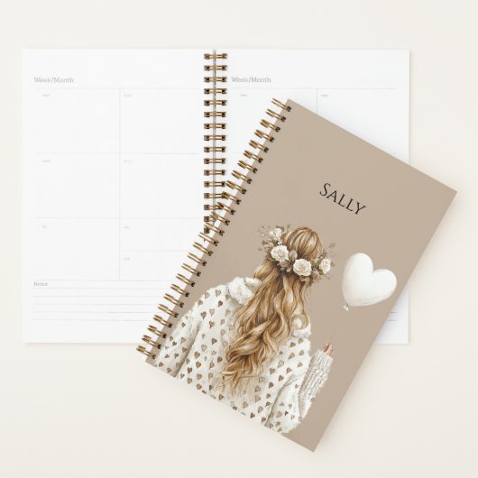Blond meisje bloemen in haar Hart ballon Planner (Display)