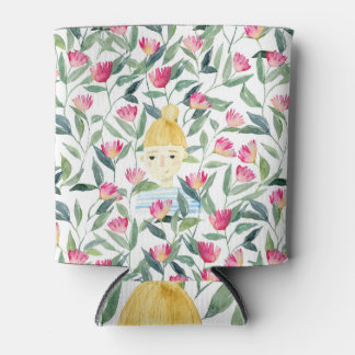 Blond Meisje: Bloemen Waterverf Patroon Blikjeskoeler