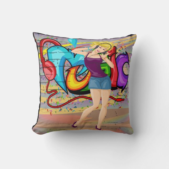 Blond Meisje Dancing MuziekGraffiti Muur Achtergro Kussen (Voorkant)