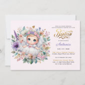 Blond Meisje Dopen Paarse Gouden Bloemen Kruis Kaart (Voorkant)