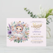 Blond Meisje Dopen Paarse Gouden Bloemen Kruis Kaart (Staand voorkant)