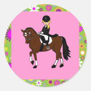 Blond meisje dressuur paard ruiter karikatuur ronde sticker