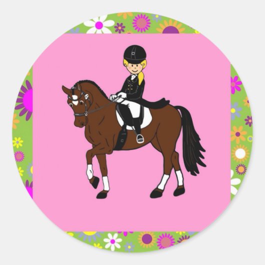 Blond meisje dressuur paard ruiter karikatuur ronde sticker (Voorkant)