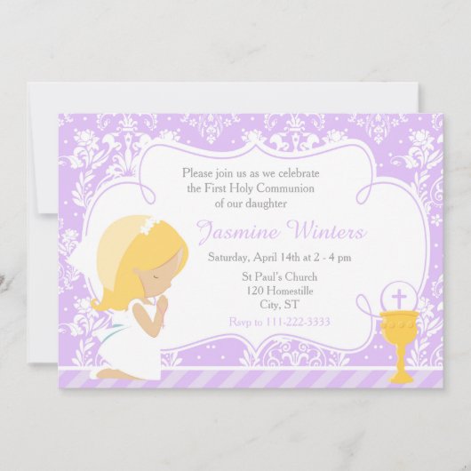 Blond meisje eerste communie damast kaart (Voorkant)