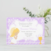 Blond meisje eerste communie damast kaart (Staand voorkant)