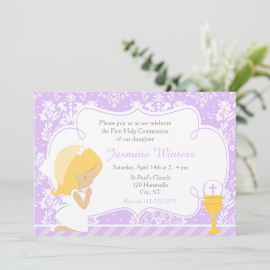 Blond meisje eerste communie damast kaart (Staand voorkant)